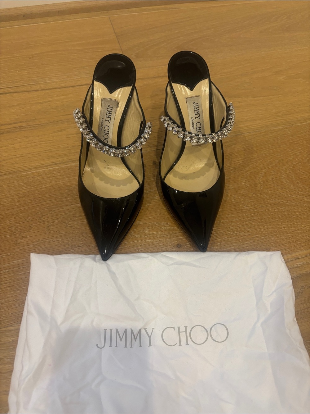 Jimmy Choo Black Patent Bing Pointed Toe Mules with Crystal Strap Accent 36